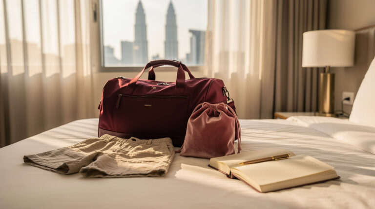 KL hotel room interior with neat burgundy travel duffel and discreet dusty pink pouch on cream linen bed, KLCC view through sheer curtains — domestic travel discreet wellness Malaysia