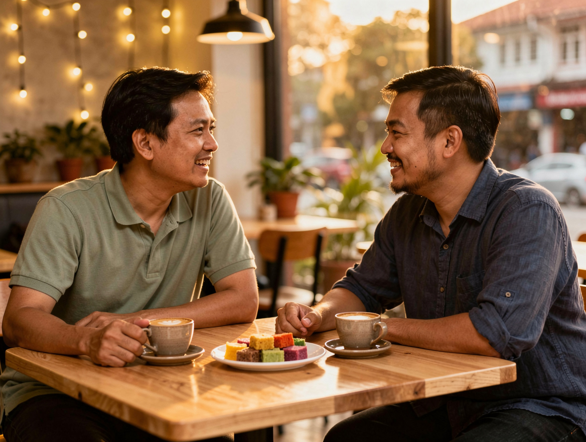 Two Malaysian gay men in their late twenties on a relaxed first date at a Bangsar cafe, sharing kuih and conversation under warm string lights