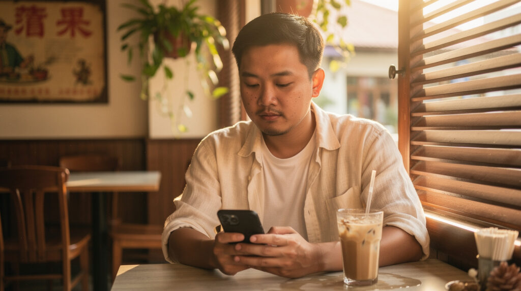 A Malaysian Chinese gay man in his late twenties sits at a quiet KL kopitiam in golden afternoon light, considering a dating app message — a candid scene from gay dating Malaysia 2026