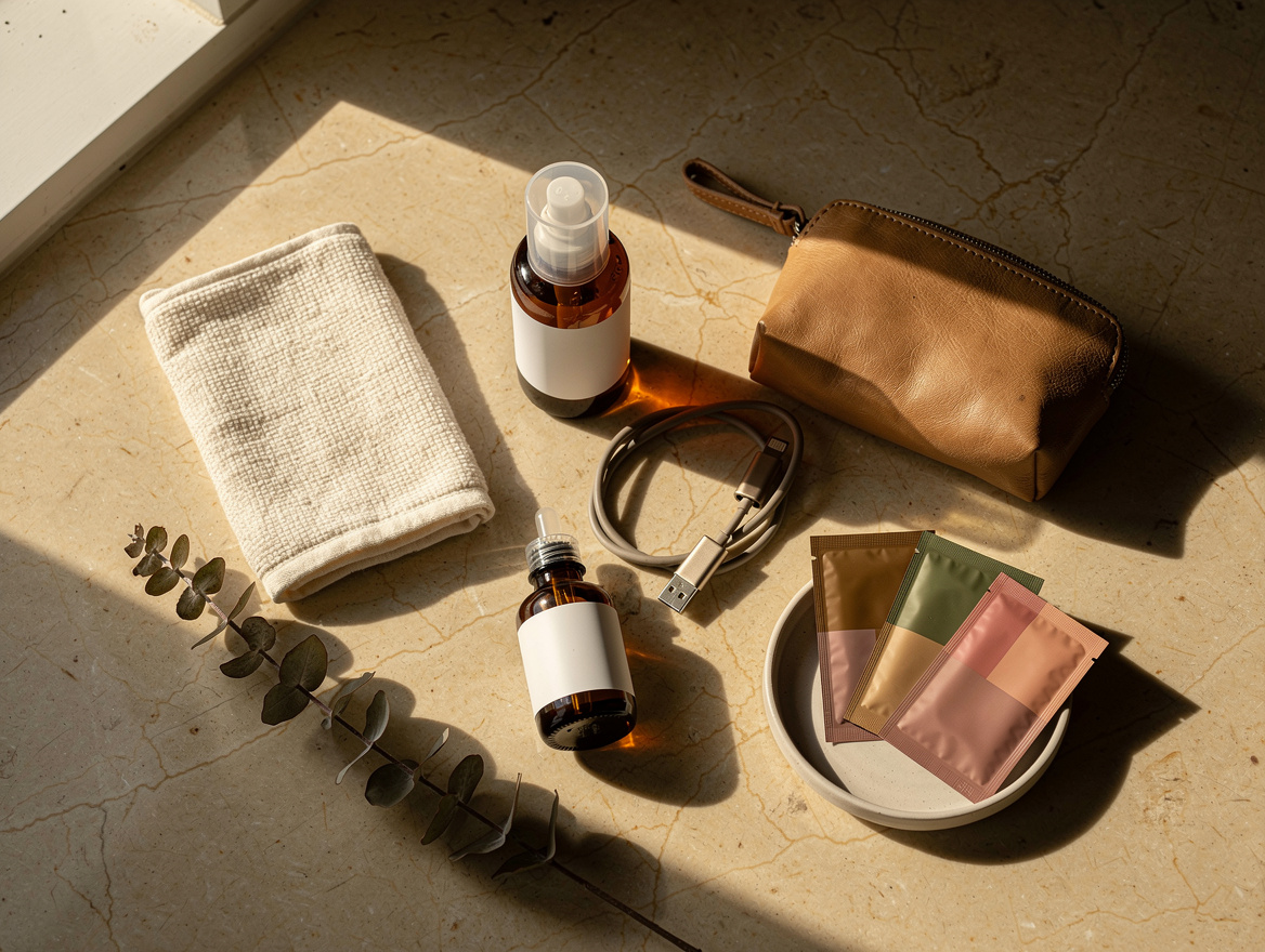 A flat-lay of body-safe intimate wellness essentials on a marble counter — water-based lubricant, cotton washcloth, aftercare oil, USB-C charger and travel pouch — for gay men dating in Malaysia