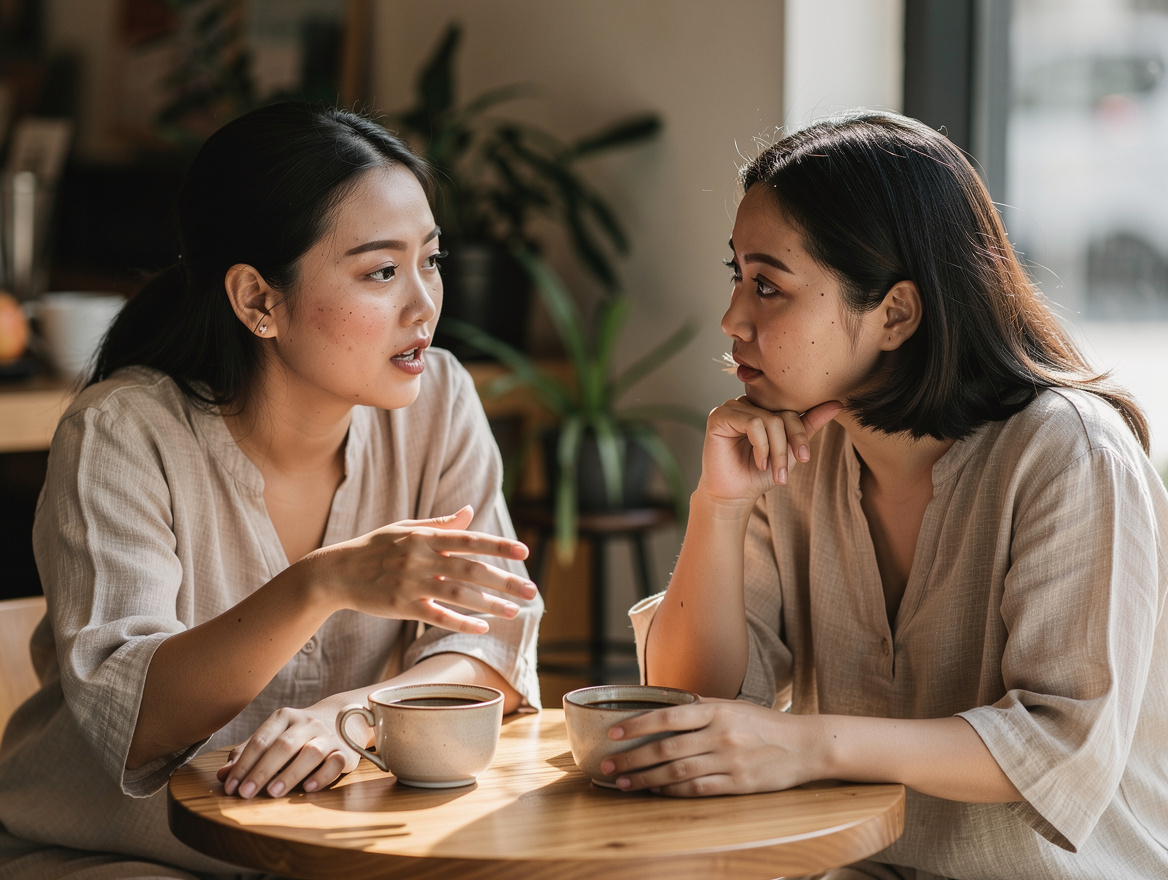 Two Malaysian women having an honest conversation at a PJ cafe — communication is the first step in WLW intimacy wellness