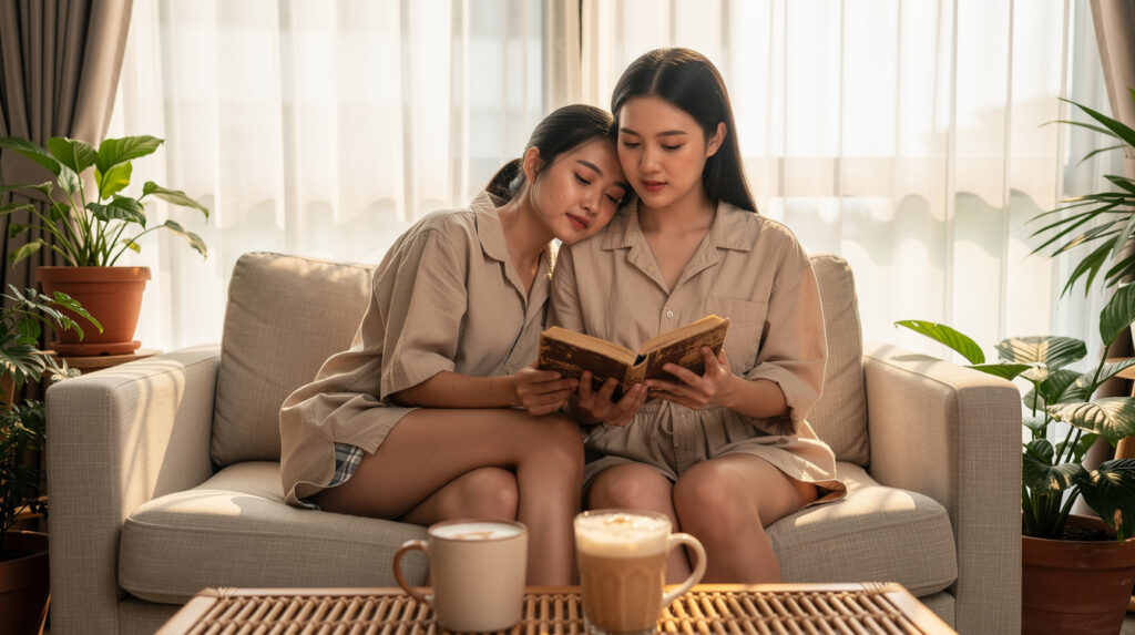 Two Malaysian women reading together on a Bangsar condo sofa in soft morning light — lesbian intimacy Malaysia wellness companion