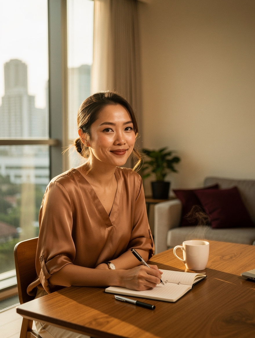 Mae Chen, Intimate Wellness Editor at Maison Velvetia, at her writing desk in a sunlit Kuala Lumpur condominium