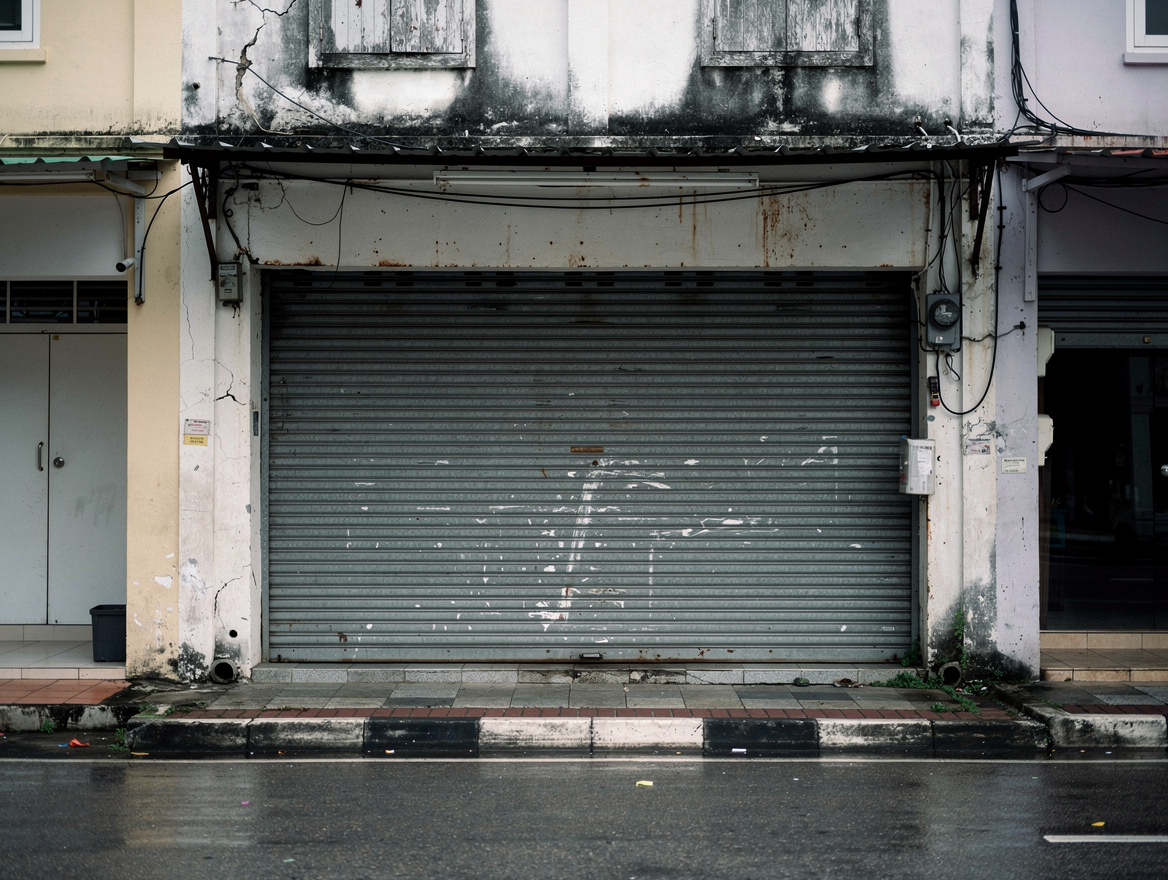 Closed Malaysian shopfront with metal shutter down, illustrating how sex toy brands go defunct