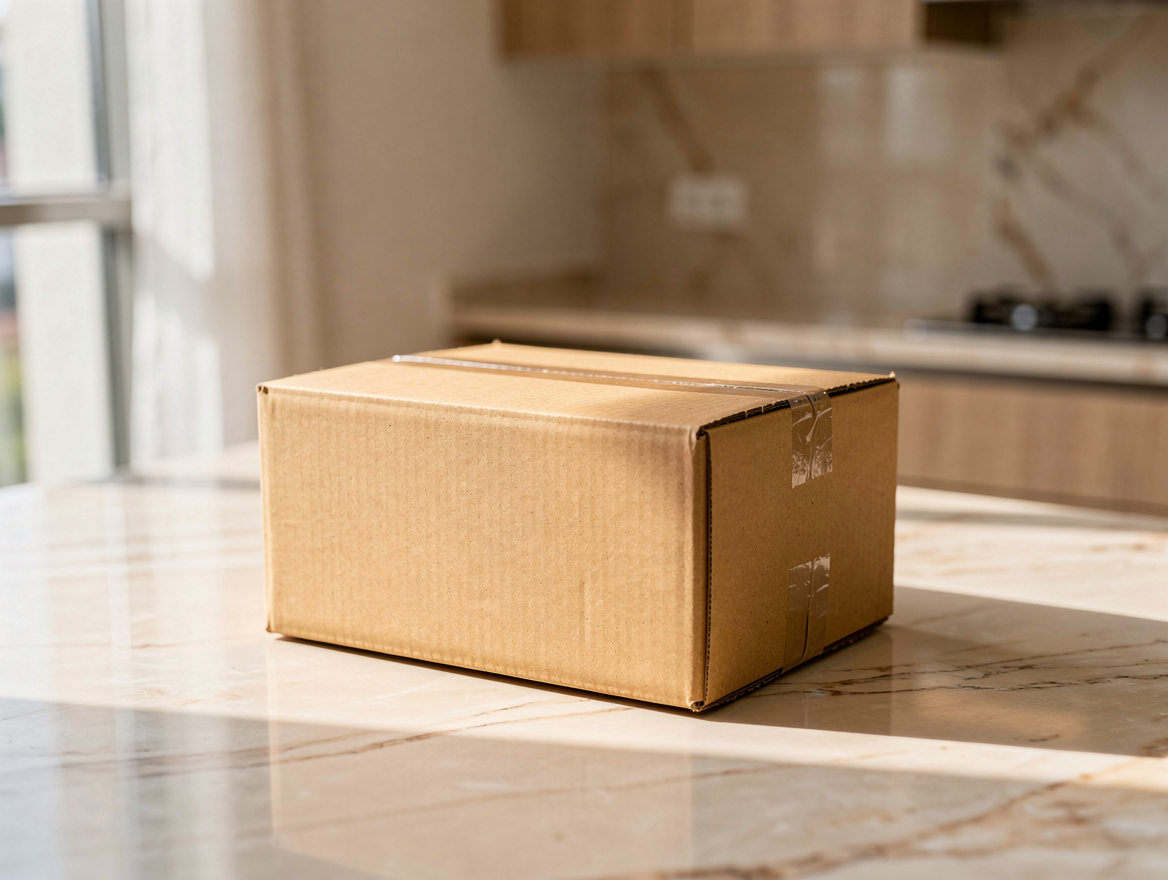 Plain unbranded brown parcel on a kitchen counter, typical discreet intimate wellness delivery in Malaysia