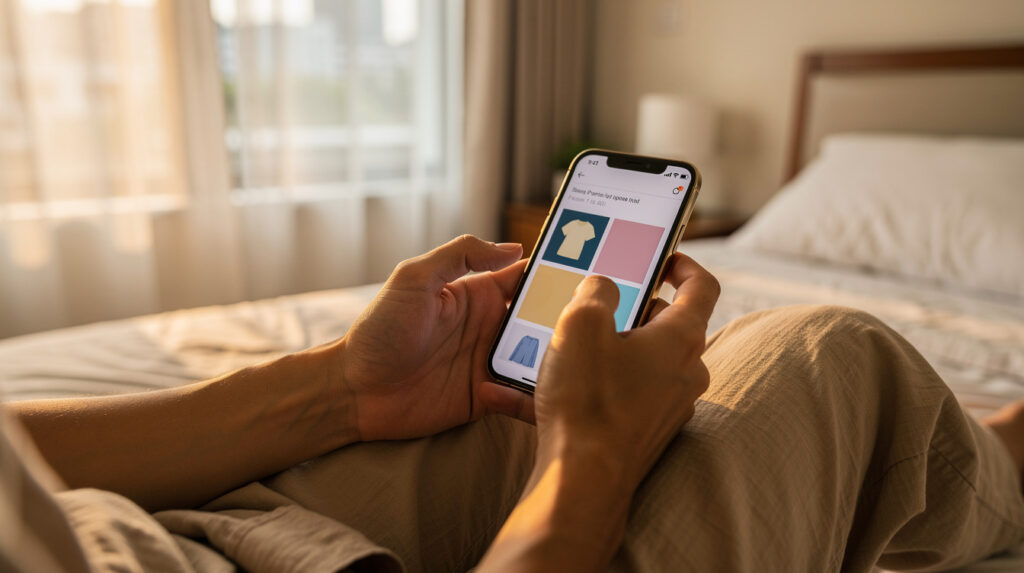 Person browsing an online intimate wellness shop on a phone in a Malaysian bedroom