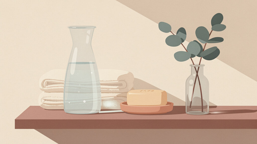 同房后怎么清洗 — 清水、毛巾与温和皂的浴室暖色插画
