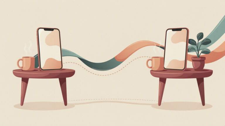 app controlled couples toys for long distance relationships — warm illustration of two phones connected by a ribbon
