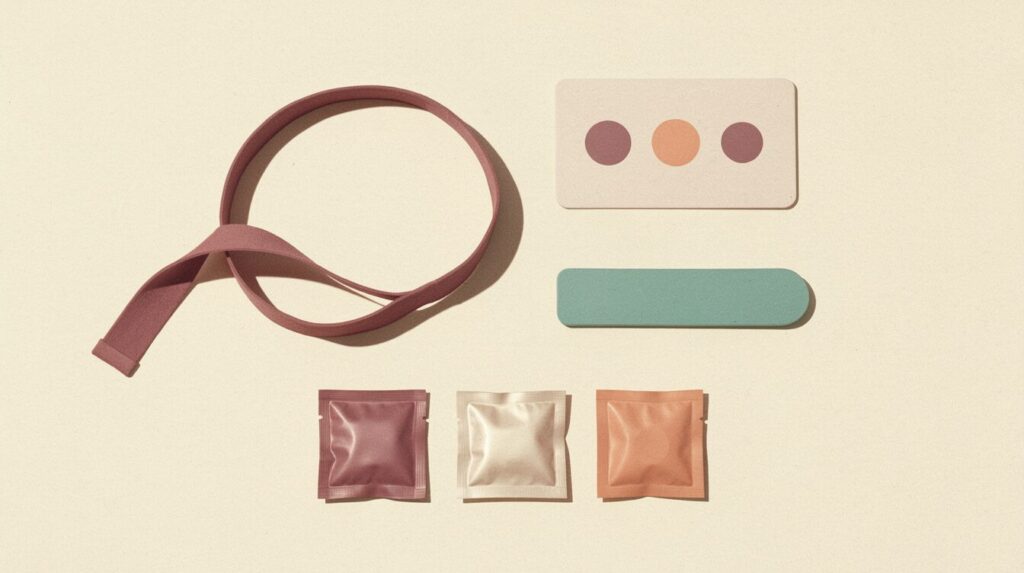 Condom size guide Malaysia illustration — measuring tape, size chart card and three condom sachets in ascending sizes