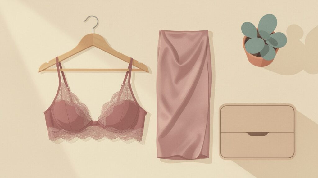 How to choose lingerie in Malaysia — lace bralette and silk slip warm editorial illustration