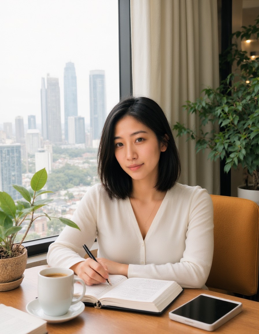 Mae Chen, Intimate Wellness Editor at Maison Velvetia, at her writing desk in a sunlit Kuala Lumpur condominium