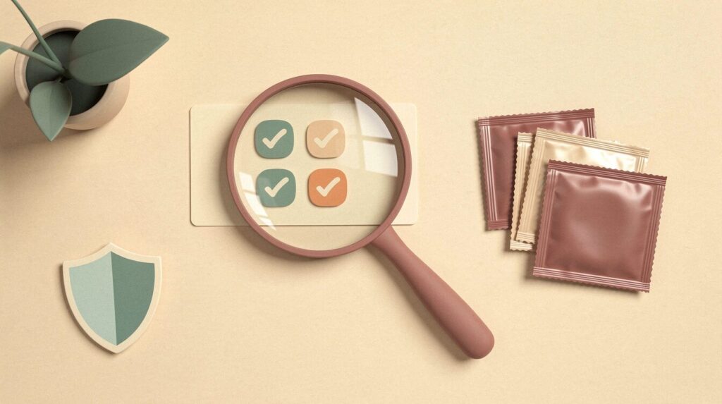 Verification flat-lay illustration — magnifying glass over a four-check card beside condom foil sachets, for the are OLO condoms safe 4-step Malaysian check