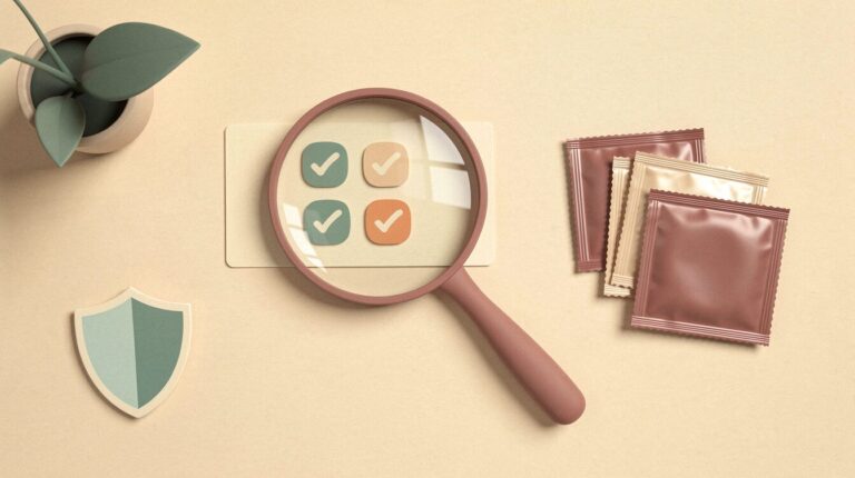 Verification flat-lay illustration — magnifying glass over a four-check card beside condom foil sachets, for the are OLO condoms safe 4-step Malaysian check