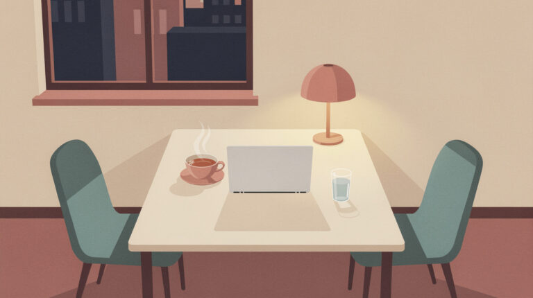 发现伴侣看片怎么谈 — 深夜餐桌合上的笔电与对坐两椅暖色插画